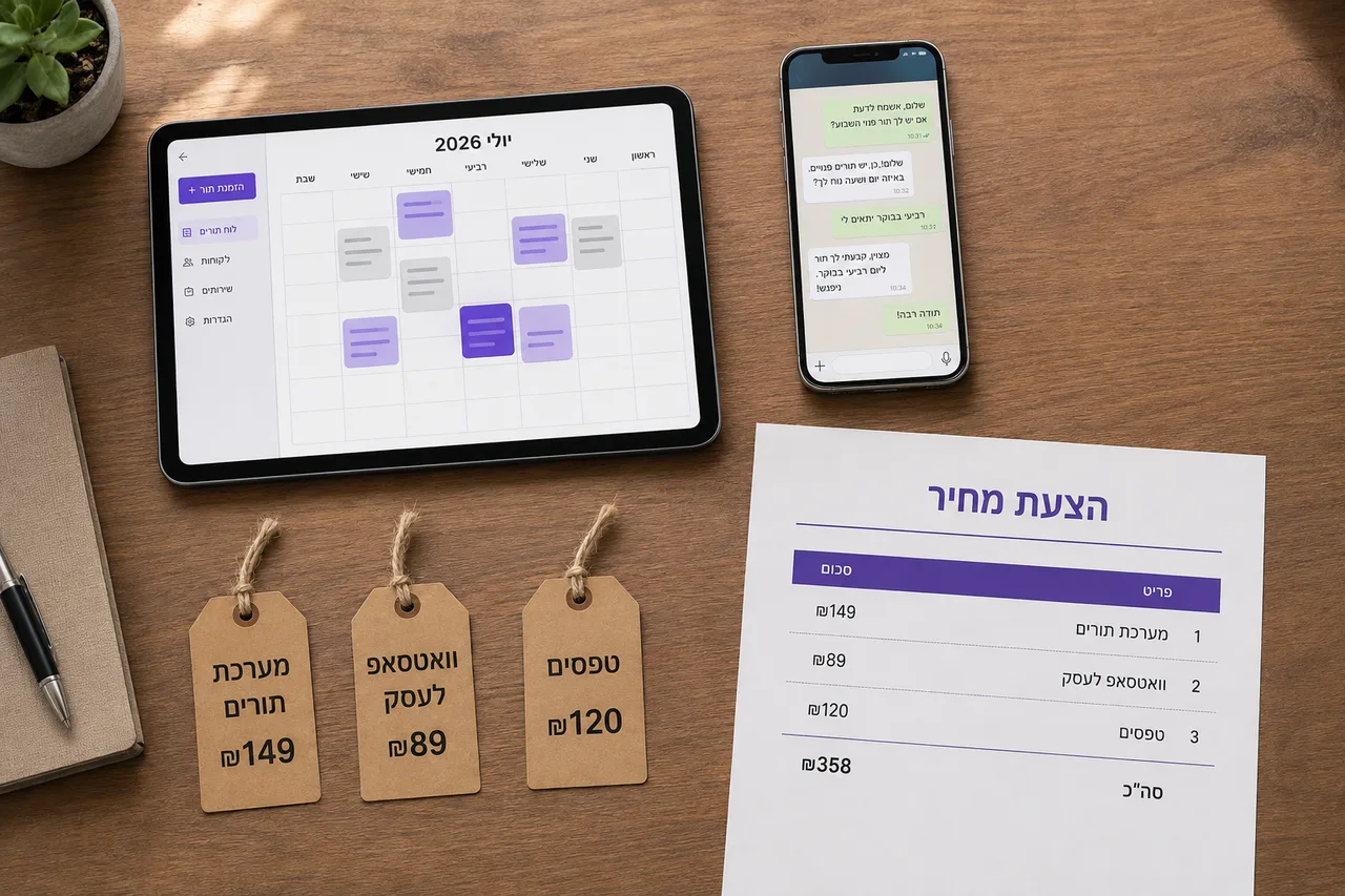 שולחן של בעל עסק: יומן תורים בטאבלט, שיחת וואטסאפ בטלפון והצעת מחיר מודפסת — שלוש מערכות נפרדות עם תג מחיר לכל אחת