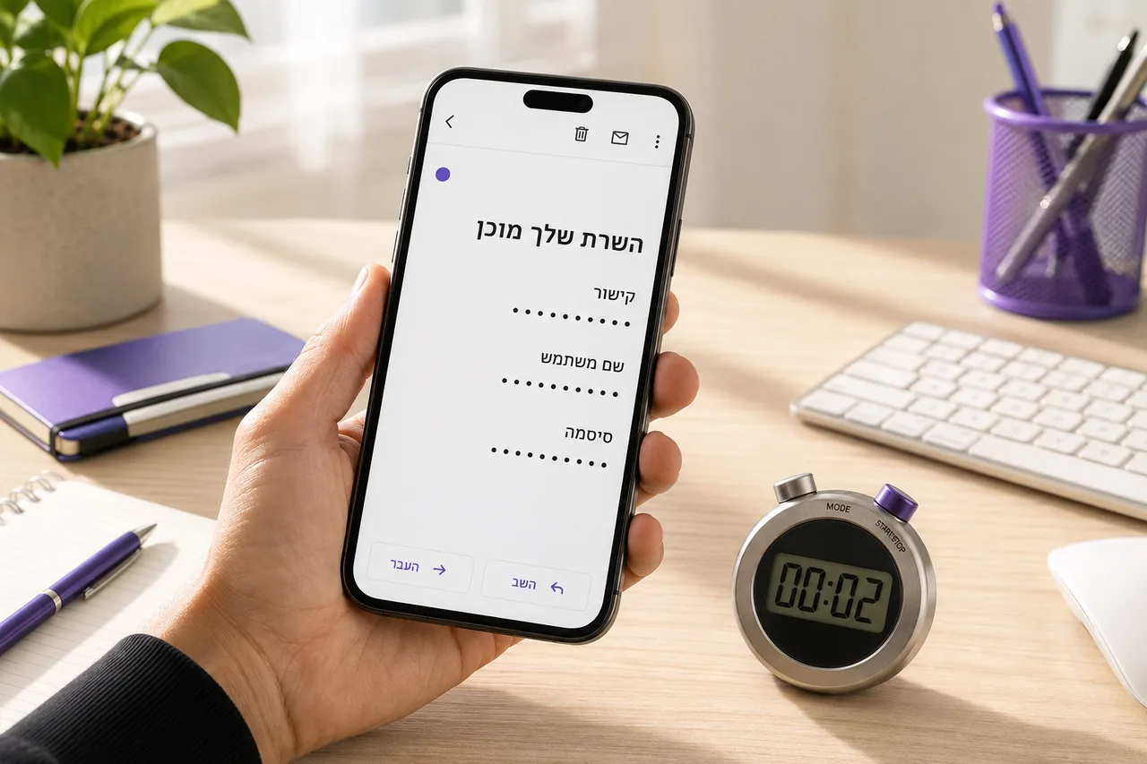 מייל בעברית שנפתח בטלפון: השרת שלך מוכן, ולידו קישור, שם משתמש וסיסמה — עם שעון עצר שמראה שתי דקות